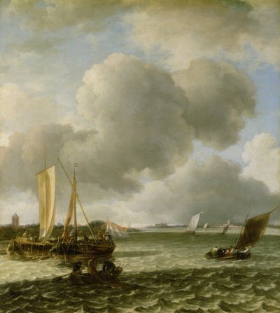 Boats on the River Waal by Jan van de Capelle or Cappelle